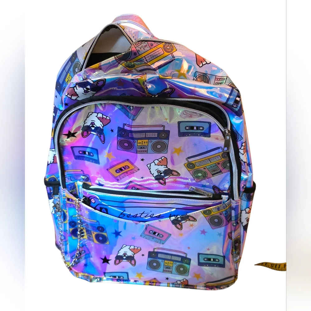 Holographic Dog & Boombox Backpack Detachable Pouch New Gift School Kids Learn